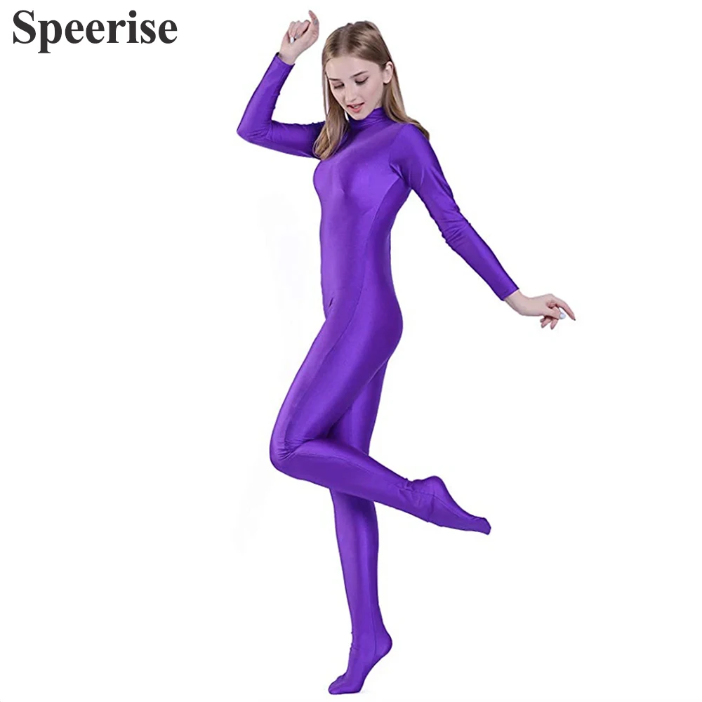 Speerise Adult Women Spandex Unitard Full Body Halloween Costume Zentai Suit Footed Jumpsuit Cosplay Turtleneck Bodysuit Unisex