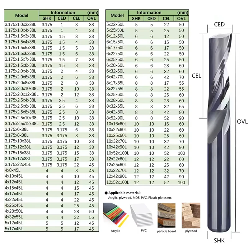 1Pcs 3.175mm 4mm 5mm 6mm 8mm Single Flute Up Cut Spiral End Mill - Wood & Aluminum CNC Milling Cutter, Router Bit Tools