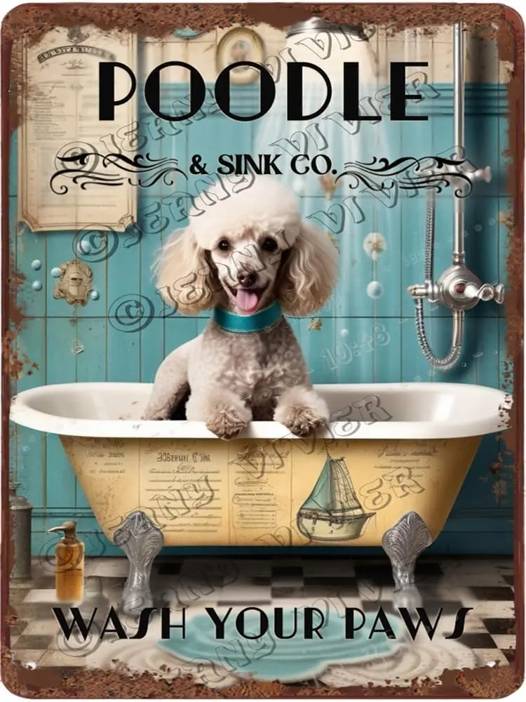 Poodle Decor Wash Your Paws Dog Art Retro Aluminum Sign 12x16 in Metal Tin Sign Funny Bathroom Wall Decor Dog Gifts Poodle  sign