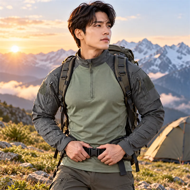 Men Tactical Camo Breathable Combat Shirt Military Style Outdoor Clothing Airsoft Paintball Gear for Hunting Hiking