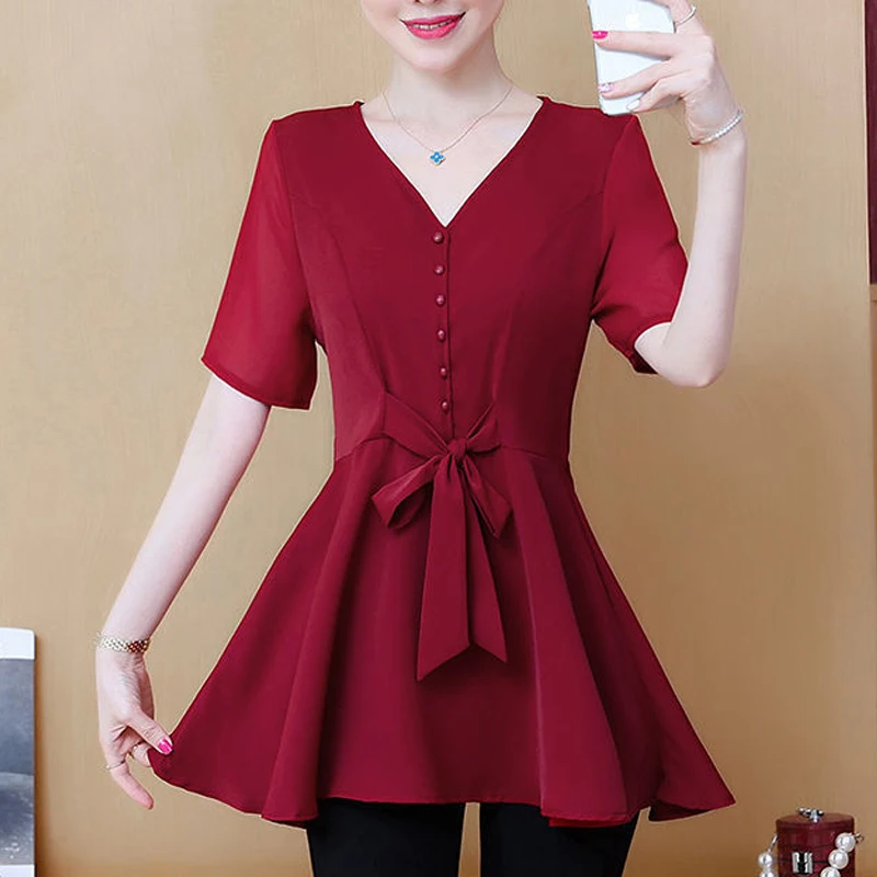 Blusa coreana elegante con lazo para mujer, camisa informal de manga corta con volantes y cuello en V, Tops ajustados sólidos para oficina, verano 2024