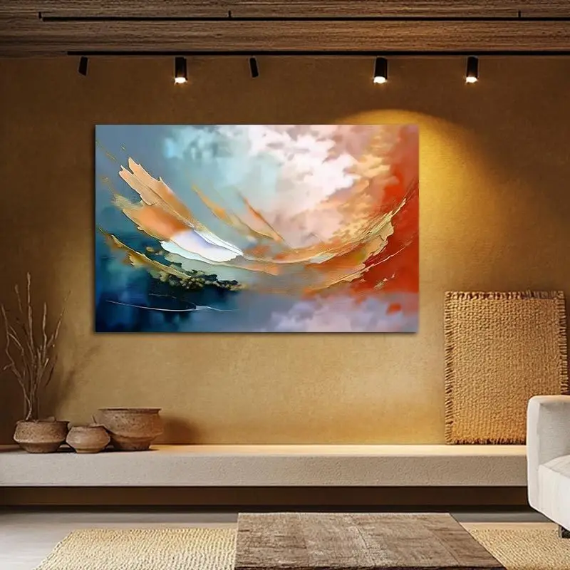 1pc Modern Abstract Wall Art - Frameless Oil Painting with Vibrant Blue, Orange & Pink Swirls, Hand-Painted Design for Home