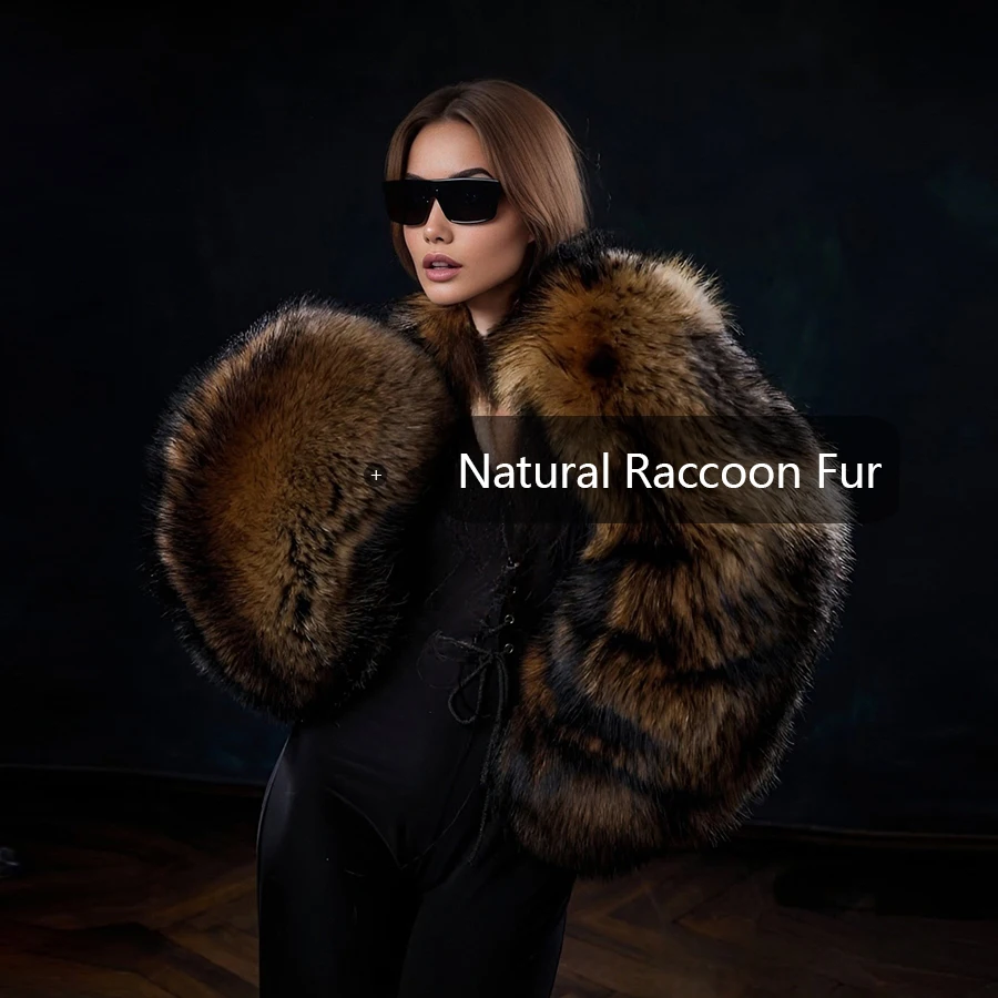 Manteau de fourrure de raton laveur véritable pour femme manteau de fourrure recadrée veste à manches doubles fourrure de raton laveur naturelle vêtements d'extérieur nouveauté veste d'épaule en fourrure