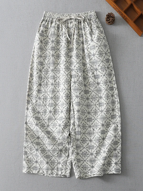 Retro Cotton Linen Floral Wide Leg Pants Women Summer Thin Small Size Ageless Versatile Slimming Linen Straight Casual Pants