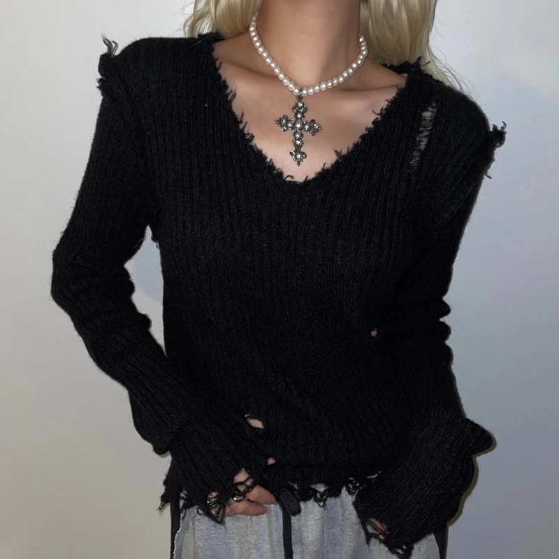 

90s Vintage Dark Academia Knitted Sweater Punk Ripped Out Cropped Pullovers Y2K Mall Goth Harajuku Jumpers Chic Retro Grunge