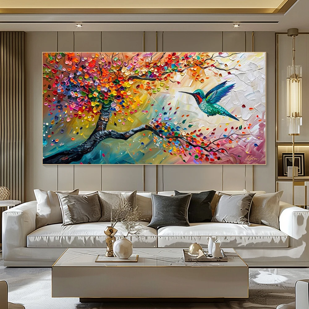 Frameless Abstract Colorful Graffiti Tree Hummingbird Landscape Canvas Painting Wall Art Impressionism Poster Print Living Room