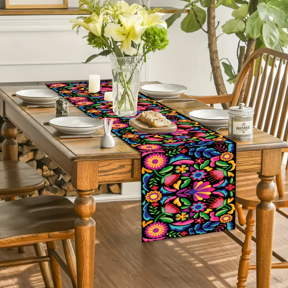 Mexican Floral Table Runner - Traditional Otomi Embroidery Style Vibrant Botanical Cover for Fiesta Party Decor