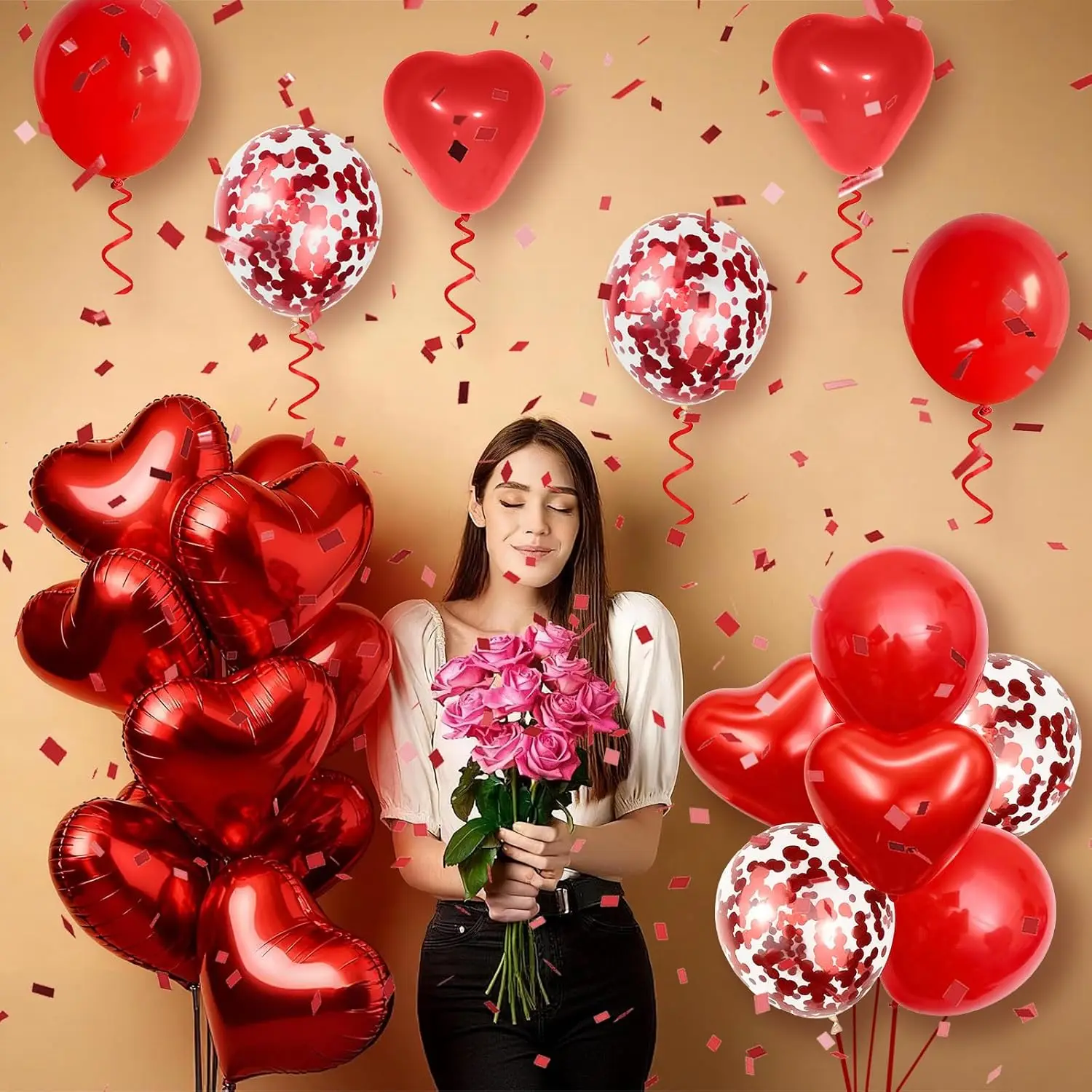 Folienballon „I Love You/Red Heart Love“, 1000 Stück Rosenblätter für Hochzeit, Jahrestag, Valentinstag, romantische besondere Nachtparty – Detail 3