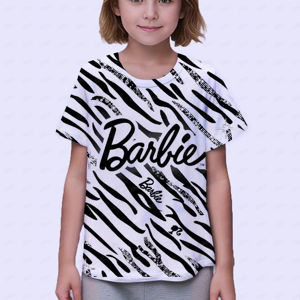 T-shirt à manches courtes avec motif de dessin animé Barbie pour fille et garçon, vêtement de princesse pour l'été, taille 100-160, Y2K