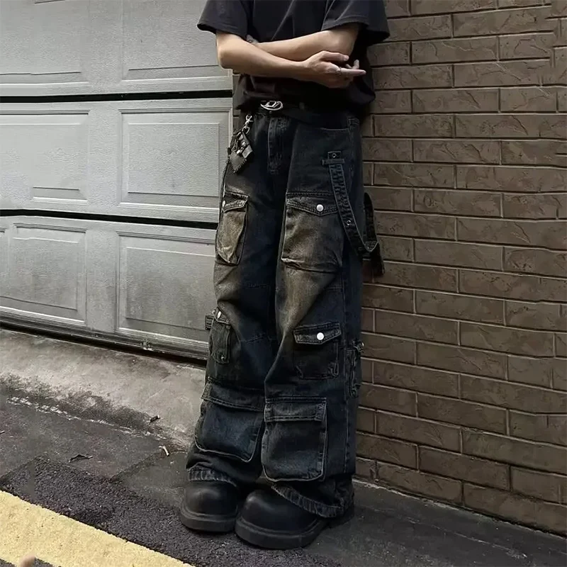 الخريف Y2K شارع العليا الجينز رجالي متعدد جيب الهيب هوب البضائع السراويل خمر مستقيم واسعة الساق سراويل جينز موضة الشارع الشهير