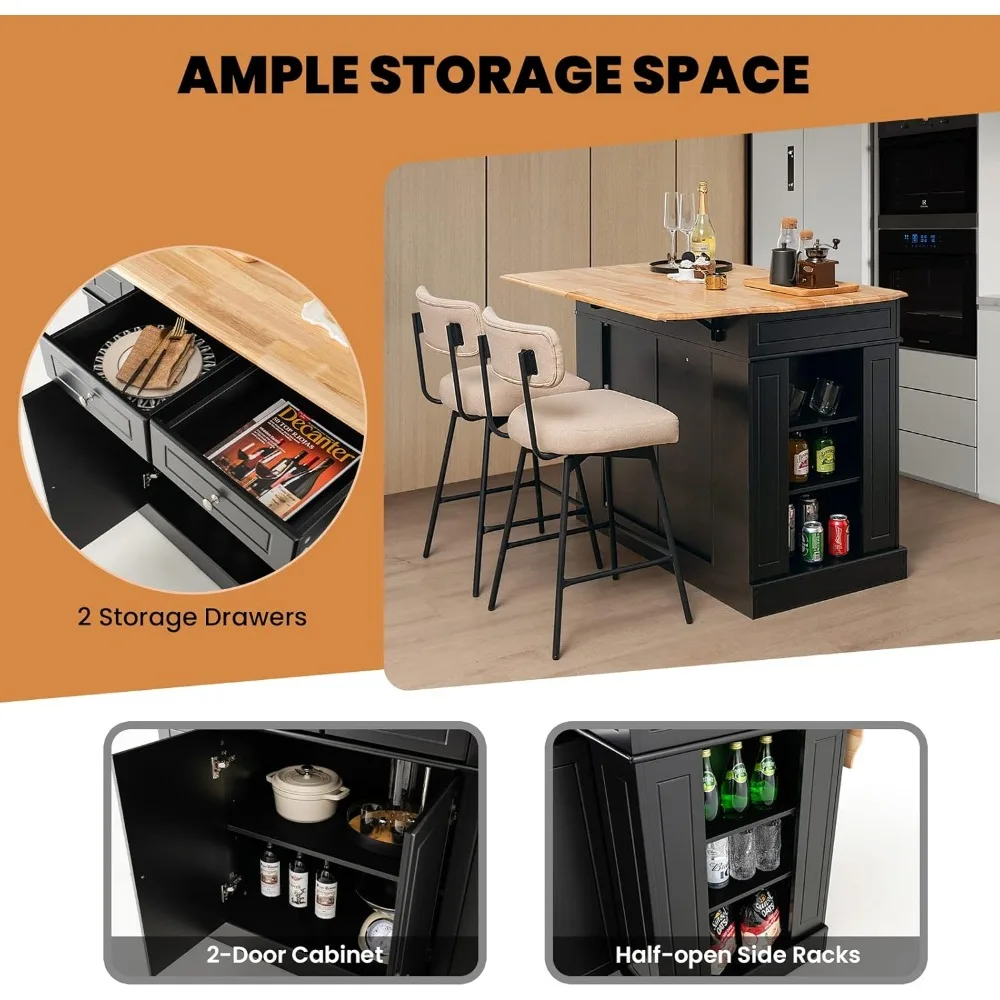 Kitchen Island with Drop Leaf, Kitchen Storage Cabinet with Rubber Wood Top, 2 Drawers, 5 Adjustable Shelves & Spice Racks