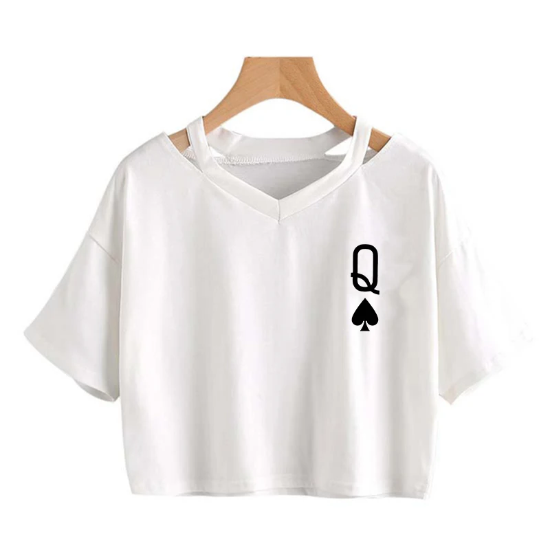 Damen Grafik-Crop-T-Shirt Lustiges Kurzarm-T-Shirt 90er Y2K Crop Tops Koreanischer Stil Kleidung Lustiges Poker Q Print T-Shirt