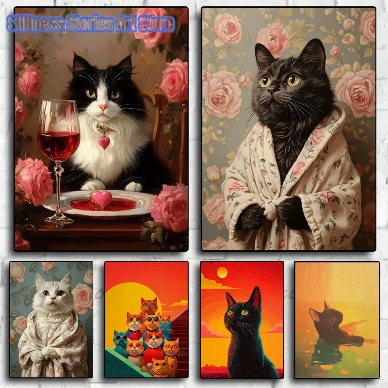 Whimsical Black Cat Sunset Swimming Colorful Tuxedo Cat Minimalist Wall Art Print Canvas Painting Posters for Living Room Dec