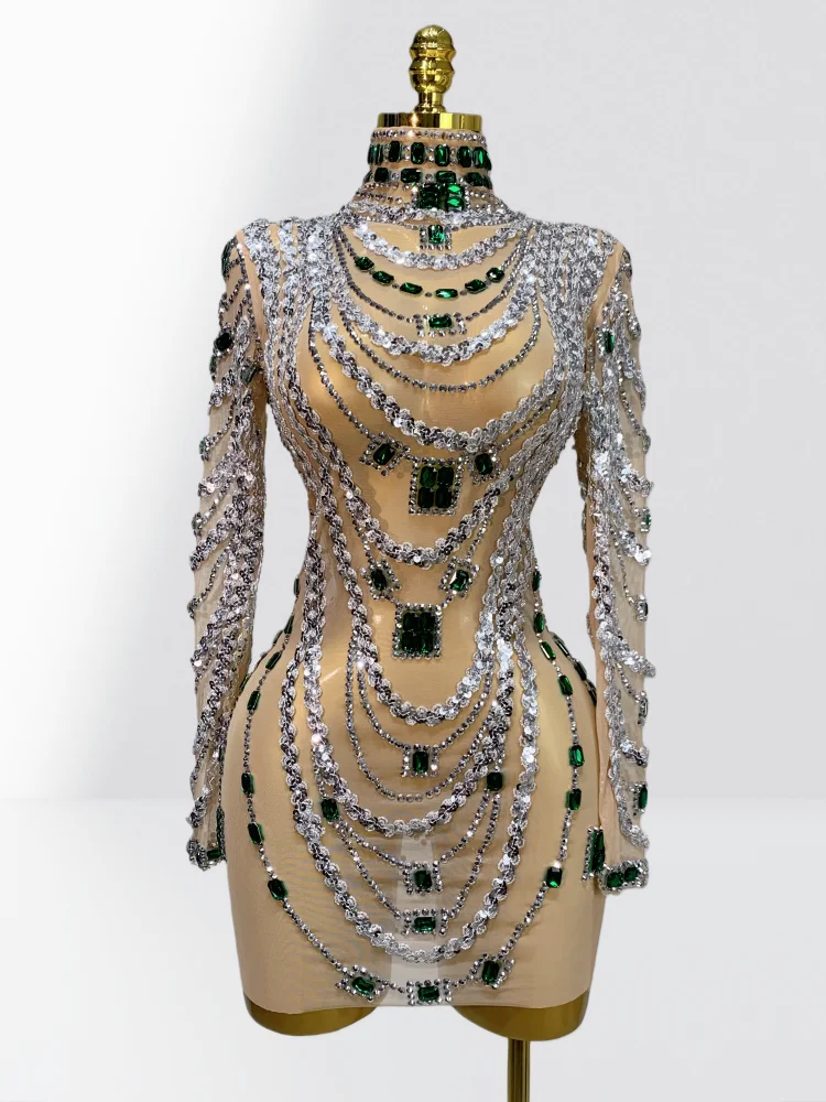 2026 新しい高級グリーンジュエルセクシーなシースルーシアーミニドレスファッション女性パーティーナイトクラブダンサーパフォーマンス衣装