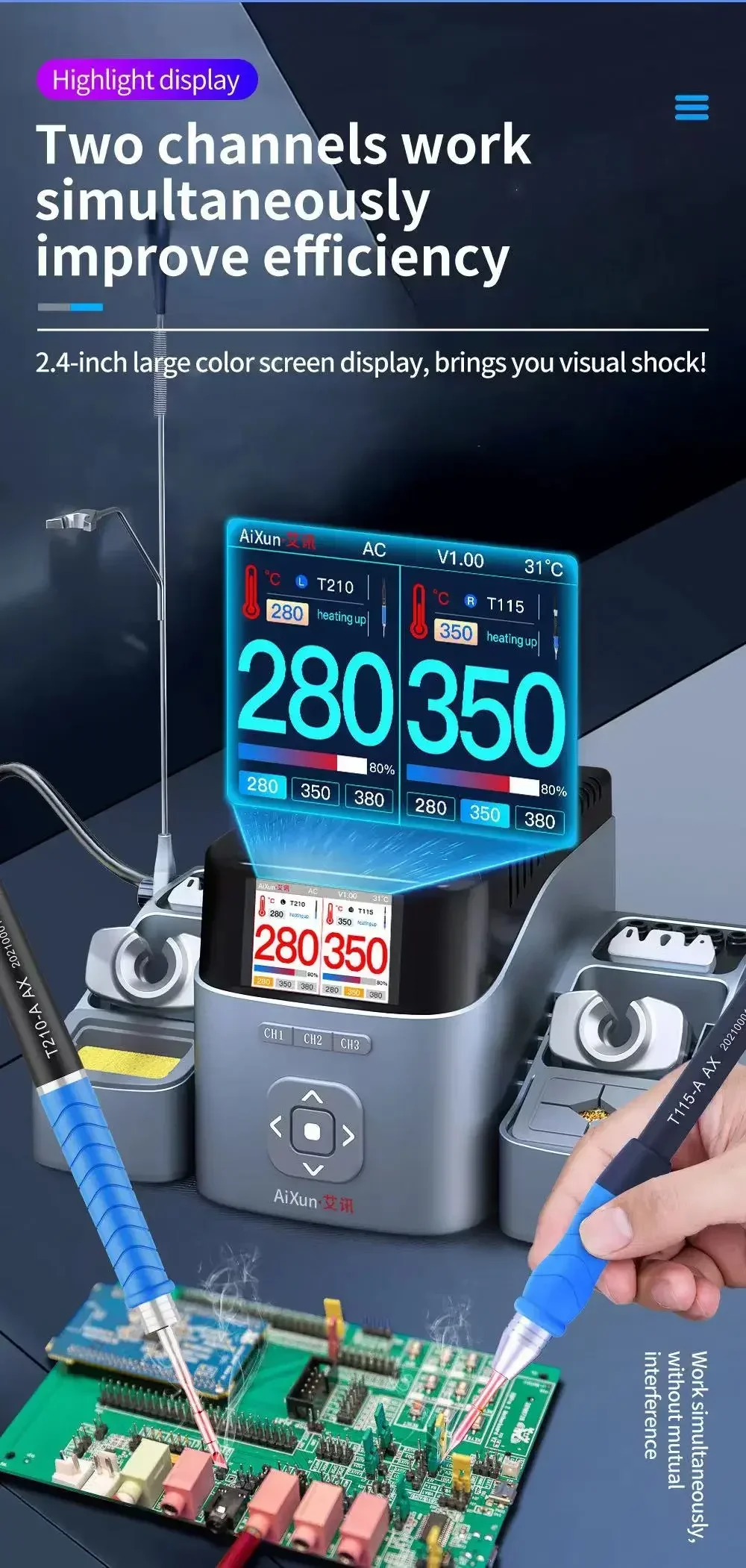 Imagem -05 - Estação de Solda Inteligente Aixun T420d Dual Channel T210 T245 T115 Handle Dicas de Ferro para Telefone Pcb Smd Reparação de Solda