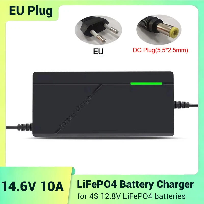 14.6V 10A/5A LiFePO4 Charger DC5525 EU Plug 4S 12.8V Lithium Iron Phosphate Battery Charger for Solar Storage Outdoor Power