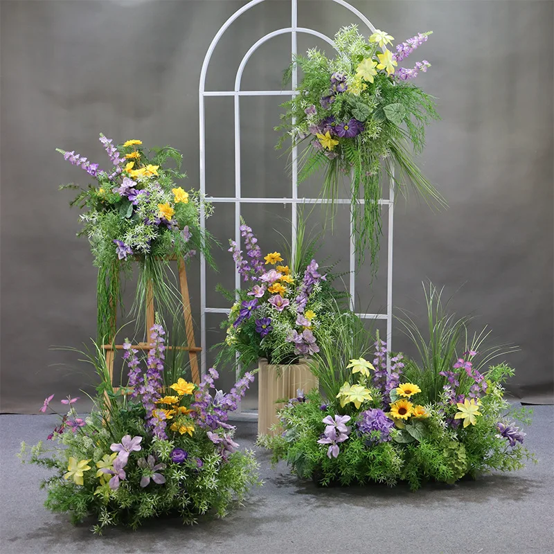 Mori simulation road leading flowers wedding stage background hanging flowers welcome area decorative floor arrangement flower