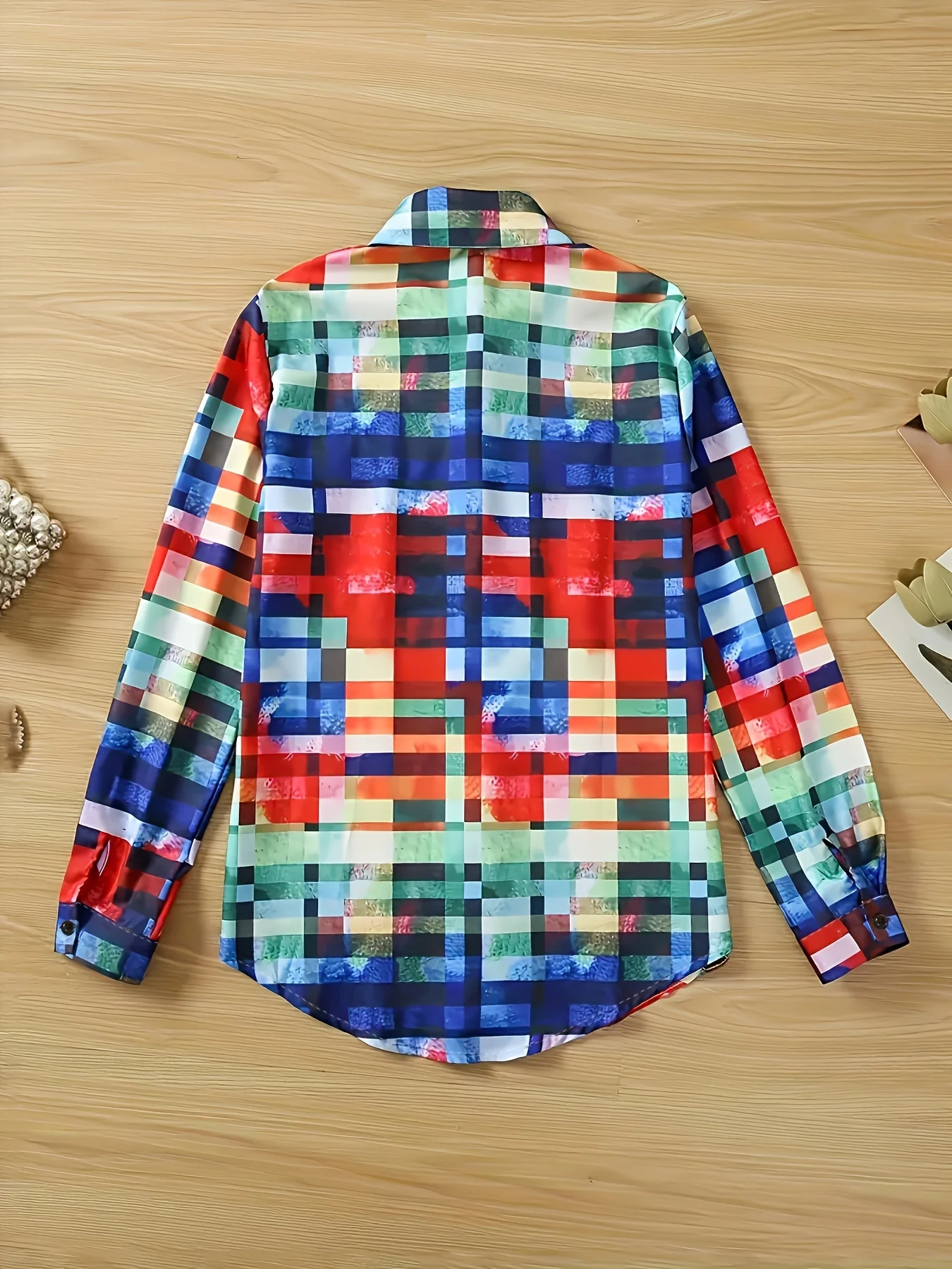 Plus Size 1XL-5XL Women's Fashionable Plaid Print Casual Long Sleeve Button Up Lapel Collar Button Front Shirt