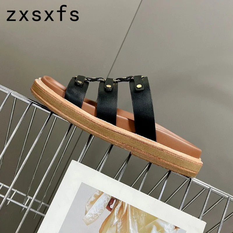 2024 Hot Sale Leather Flat Slippers Women Summer Flat Platform Casual Shoes Ladies Black Slides Flat Holiday Beach Sandals