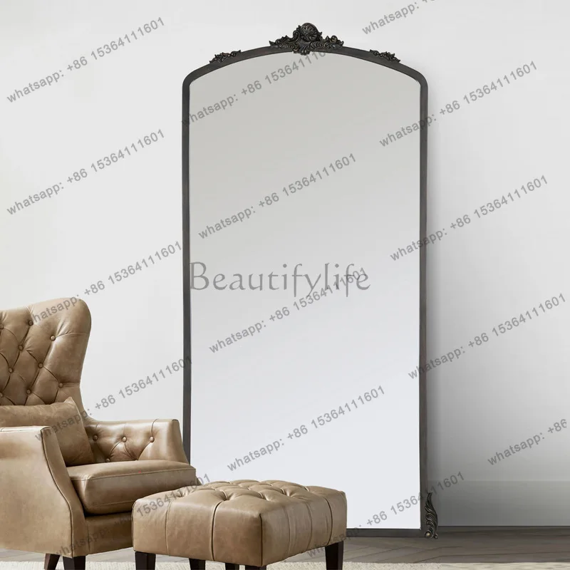 Retro carved frame black floor mirror home European full-body cloakroom fitting mirror