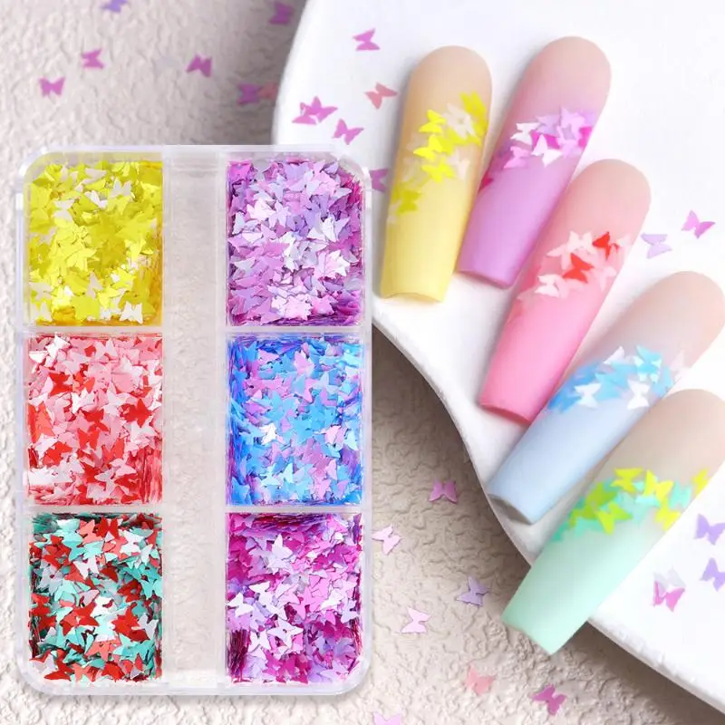 

6 Grid Mini Butterfly Colorful Nail Enhancement Sequin Mixed Color Nail Glitter Decoration Accessory DIY Nail Polish Material