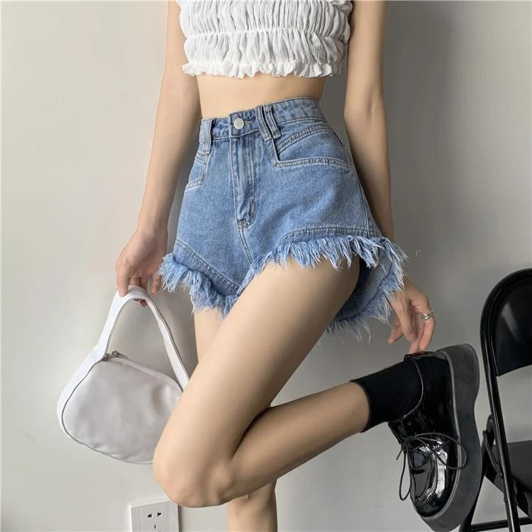 2025 High Waist Denim Shorts Women's Summer New Design Loose Wide Leg A-shaped Tassel Short Jeans Feminino