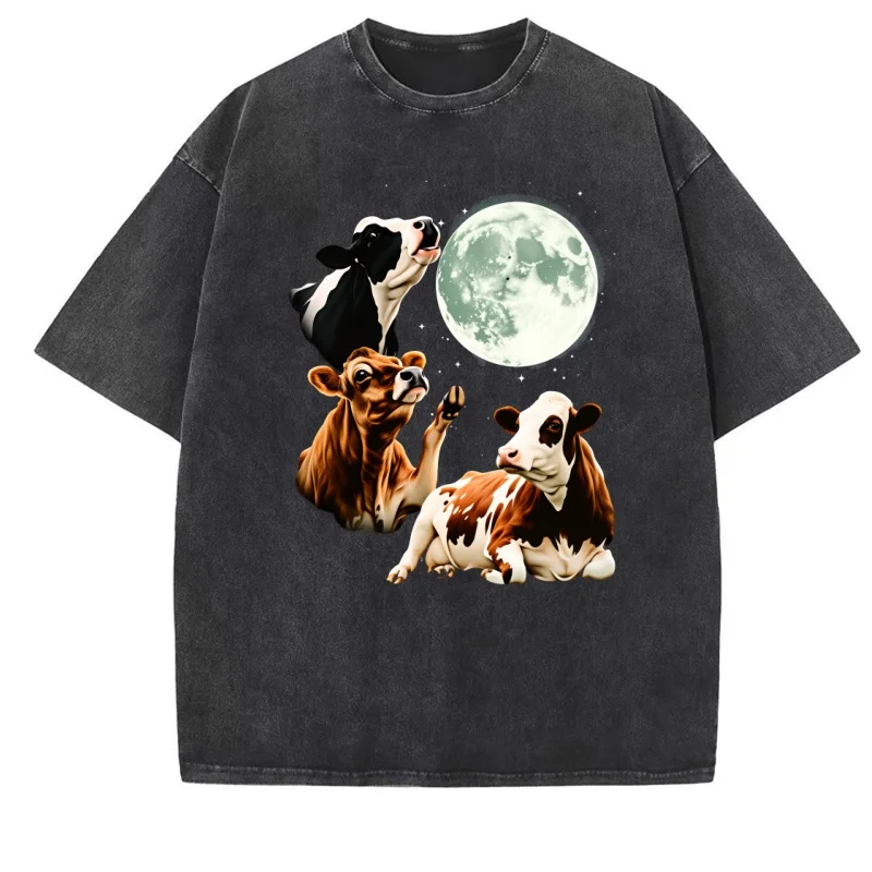 Funny Cow Howling At Moon Vintage 90s Graphic T Shirt Retro Farm Animal Country Western T-shirt Washed Cotton Printed Clothes