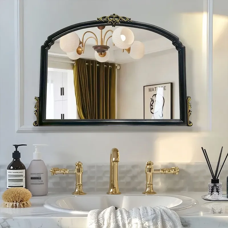 New French Retro Carved Wall Mirror Decorative Photo Frame Art for Bathroom Dresser Makeup Vanity Home Decoration