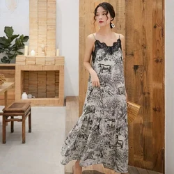 Retro Lace Print Suspender Long Dress For Women French Chiffon Suspender Slim Fit Seaside Vacation Beach Long Dress