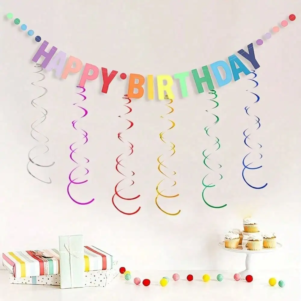 Alles Gute zum Geburtstag-Banner und hängendes Vortex-Dekorationsset, buntes Farbverlaufs-Buchstabenbanner, hängende Vortex-Dekoration zum Geburtstag