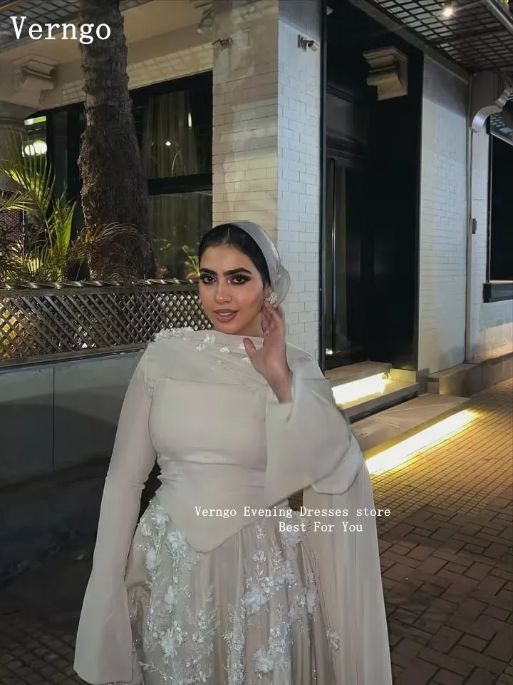 Verngo apliques vestidos de baile o pescoço mangas completas maxi luxo feminino turco vestidos de noite uma linha vestidos de noite personalizados