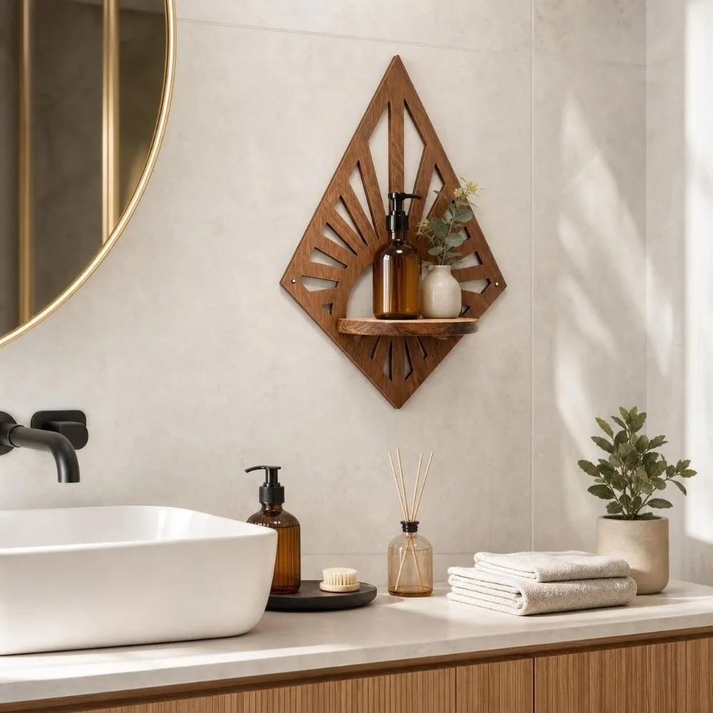 Rhombus Shaped Wall Mounted Wooden Shelf Hanging Floating Hollow Out Wall Storage Rack Geometric Rustic Style Wall Display Stand