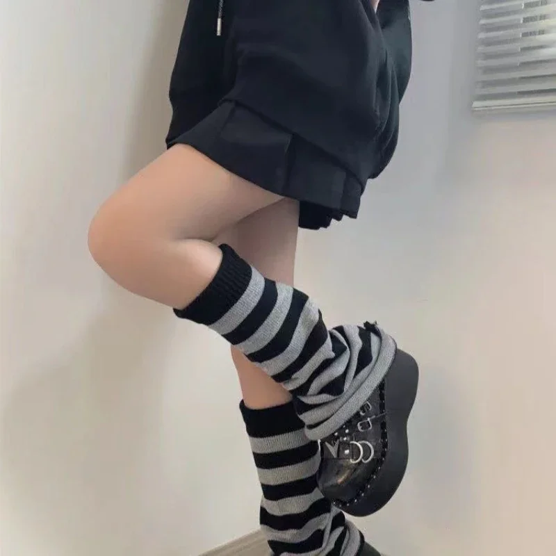 Y2k Gothololita Vintage Striped Leg Warmers Ankle Warmer Knitted Loose Wide Leg Sock Cover Harajuku Style Leg Tights Long Socks