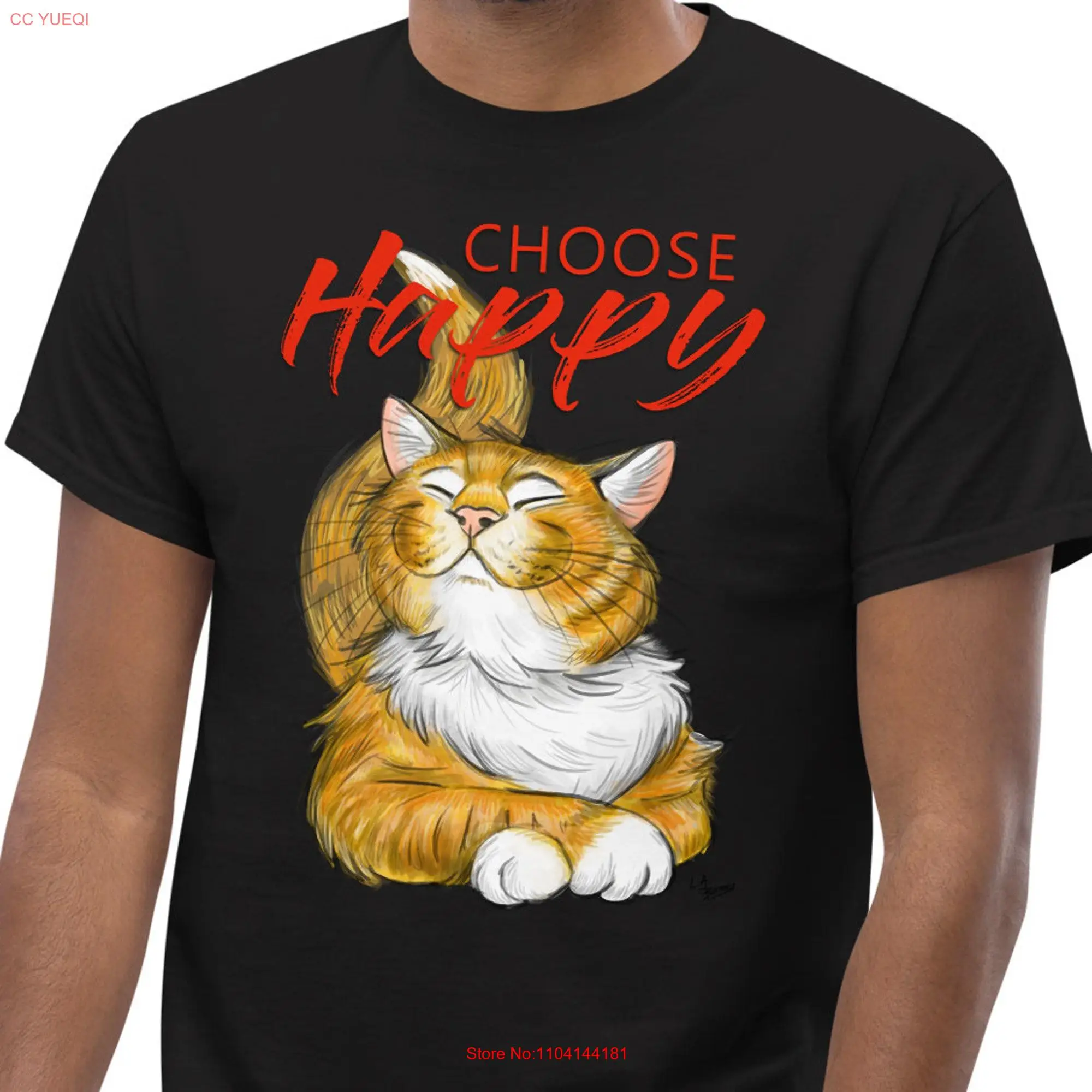 Cat T shirt CHOOSE HAPPY smiling orange Persian Art by L A Berry long or short sleeves