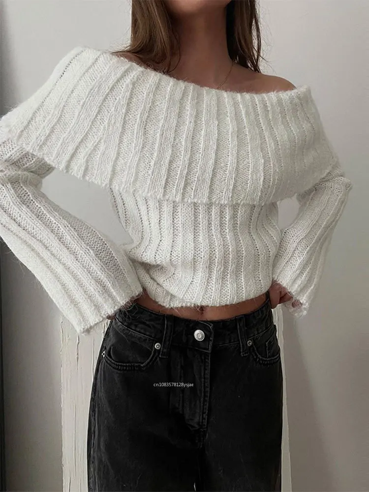 

Rib Knit Off Shoulder Pullover For Women Fashion Long Sleeved White Warm Knitwear Sweater 2023 Autumn Chic Female Street Jumper