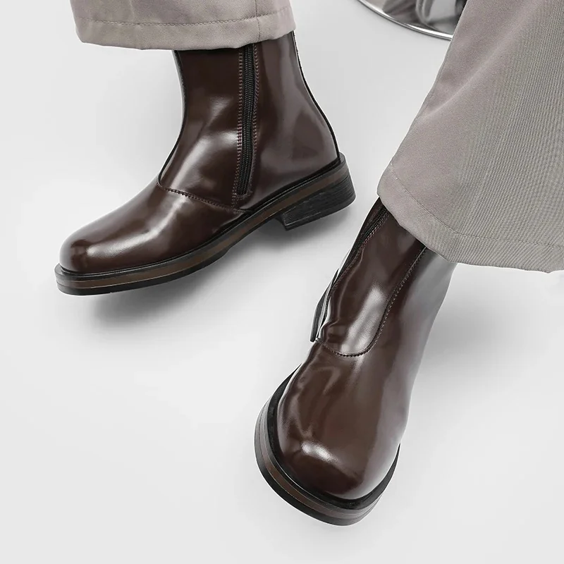 Men Solid Color Mid Top Chelsea Boots Round Toe Side Zipper Casual Fashionable Simple Motorcycle Boots Comfortable Street Style