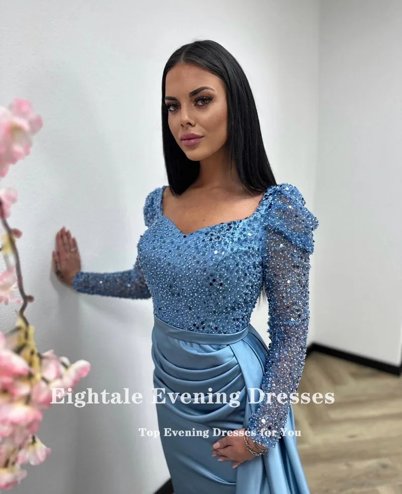 Eightale New Evening Dresses Sweethert Sequin Long Sleeves Mermaid Prom Party Gowns Satin Arabic Customized Vestidos De Noche