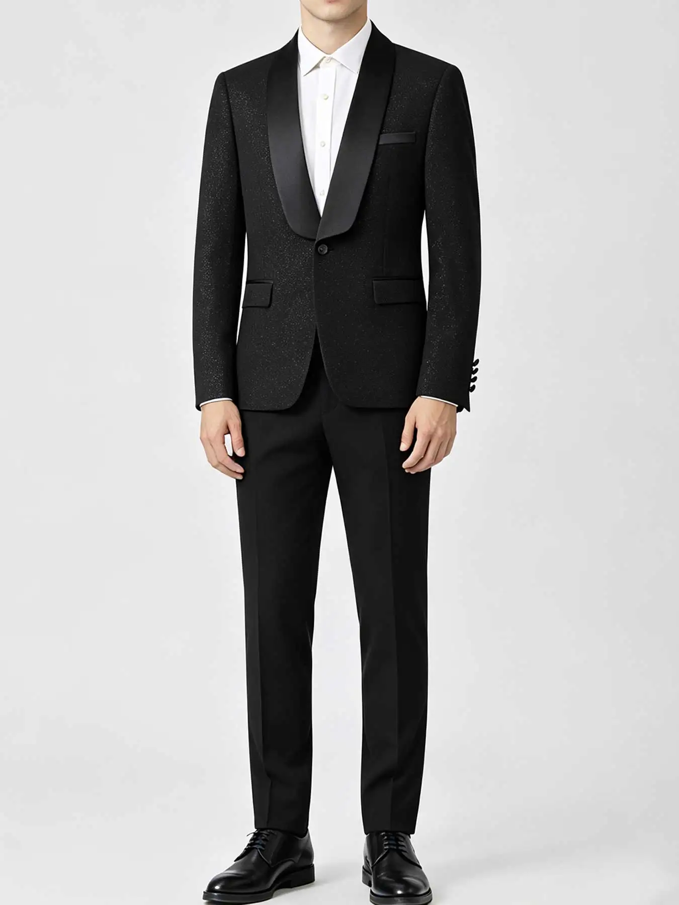 Men 2 Piece Black Glitter Suit Set, Sparkly Shawl Lapel Blazer + Solid Plain Black Trousers, Slim Fit Wedding Groom Formal Terno