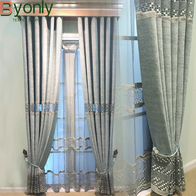 Mint Green High-grade Water-soluble Hollow Pasted Chenille Curtains for Living Room Bedroom French Embroidered Window Screen