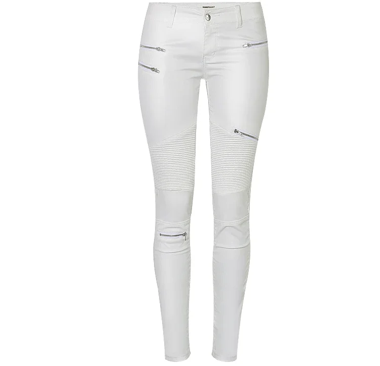White Faux Leather Denim Leggings Patchwork Multi Zipper Motorcycle Womens Pants