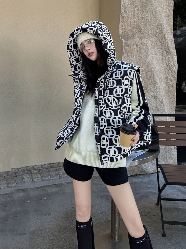 

Autumn Winter Letters Printed Hooded Down Vest Female Warm Zipper Loose Waistcoats Women White Duck Down Sleeveless Casual Vests