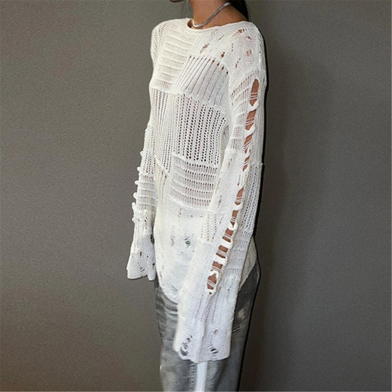 N5KB Damen-Pullover mit lockerer Passform und langen Ärmeln und einzigartigem, asymmetrischem, ausgehöhltem Strick, Gothic, zerrissenem Oberteil für Freizeit- und Party-Styling