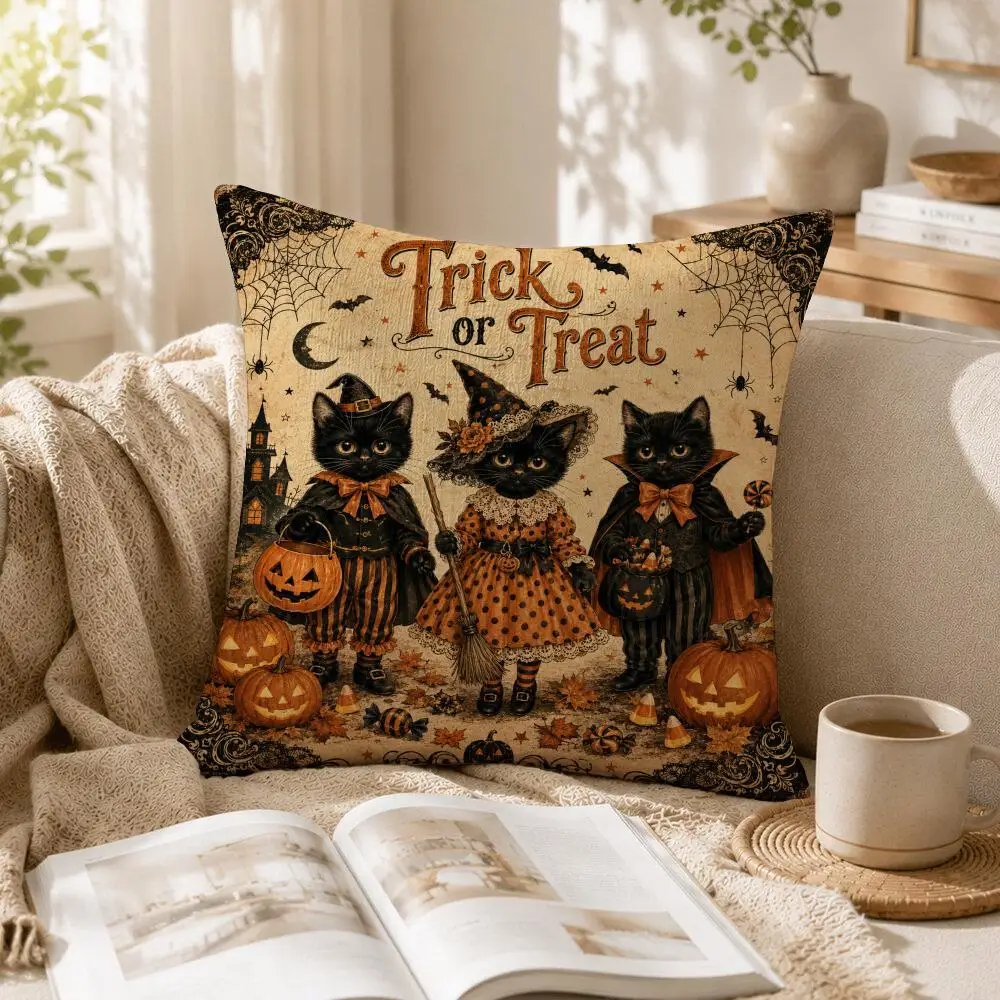 Vintage Halloween Cat Sisters Cushion Cover Linen Pillow Cover 40x40cm Decorative Cushion Case Boho Home Sofa Decor Gift