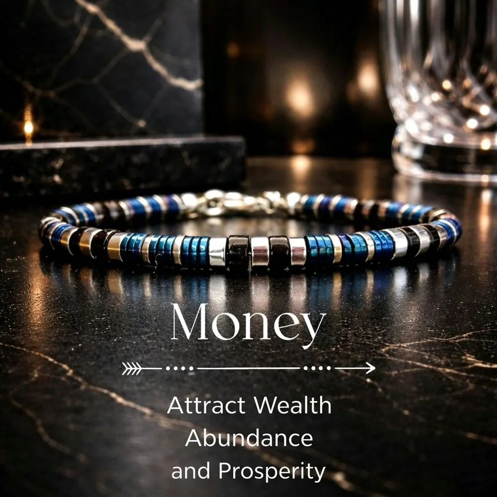 Blue-black gradient beaded fortune bracelet attracts wealth, prosperity, and success. Natural stone with mixed-color metal spacers, unisex jewelry for daily wear and gift giving