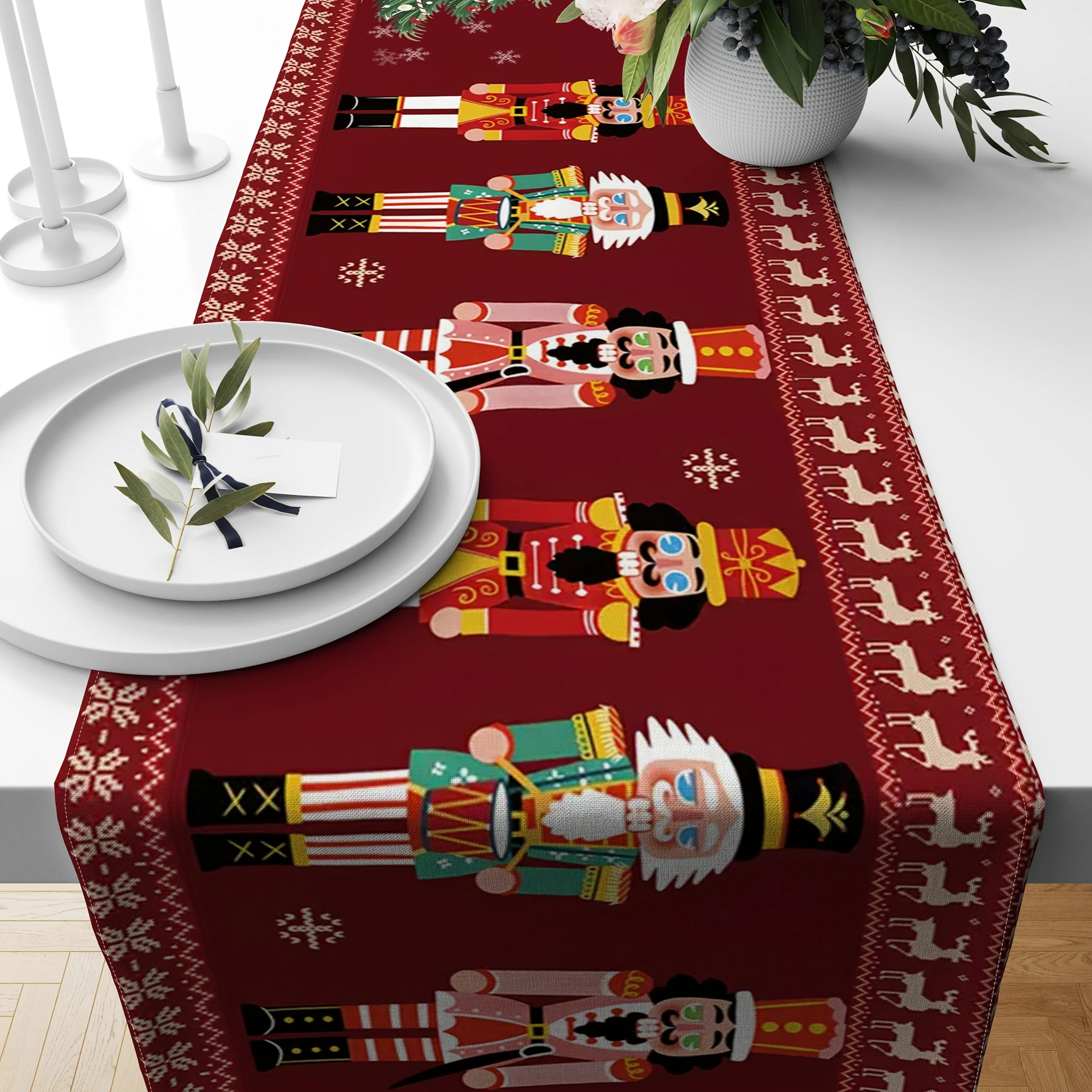 Weihnachten Nussknacker Rot/Tannenzapfen Polyester Tischläufer Weihnachten Urlaub Party Dekor Winter Kommode Schal Esstisch Läufer Dekor