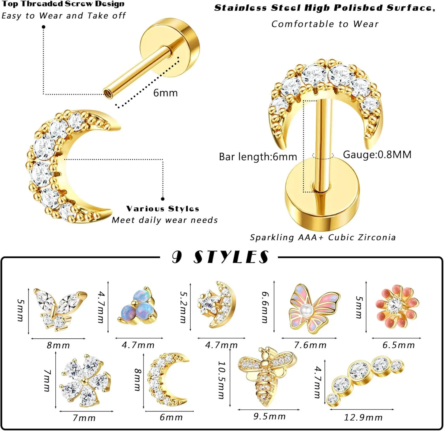Bobisty Cartilage Flat Back Stud for Women Surgical Steel Flat Back Earrings Opal CZ Tragus Cartilage Earrinx Piercing  Jewelry