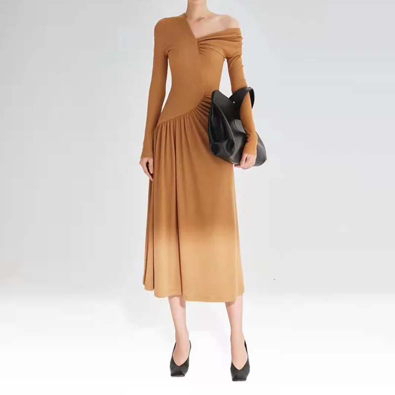 Niche Design Cold-Shoulder Elegant Long Skirt Autumn and Winter Pleated Irregular with Personality Stretch Knitted Dress