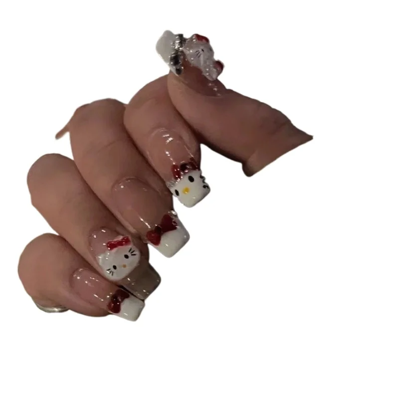 Hello Kitty Anime Kawaii Sanrio Ins Handgemaakte Nageldecoratie Art Y 2K Schattige Kt Kattenkleding Patchverwijderbare Nep Nagels Geschenken Voor Meisjes