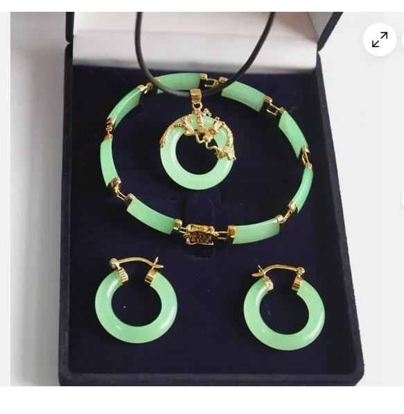 Plated Women Jade Pendant Necklace Earrings Bracelet Lucky Jewelry Sets