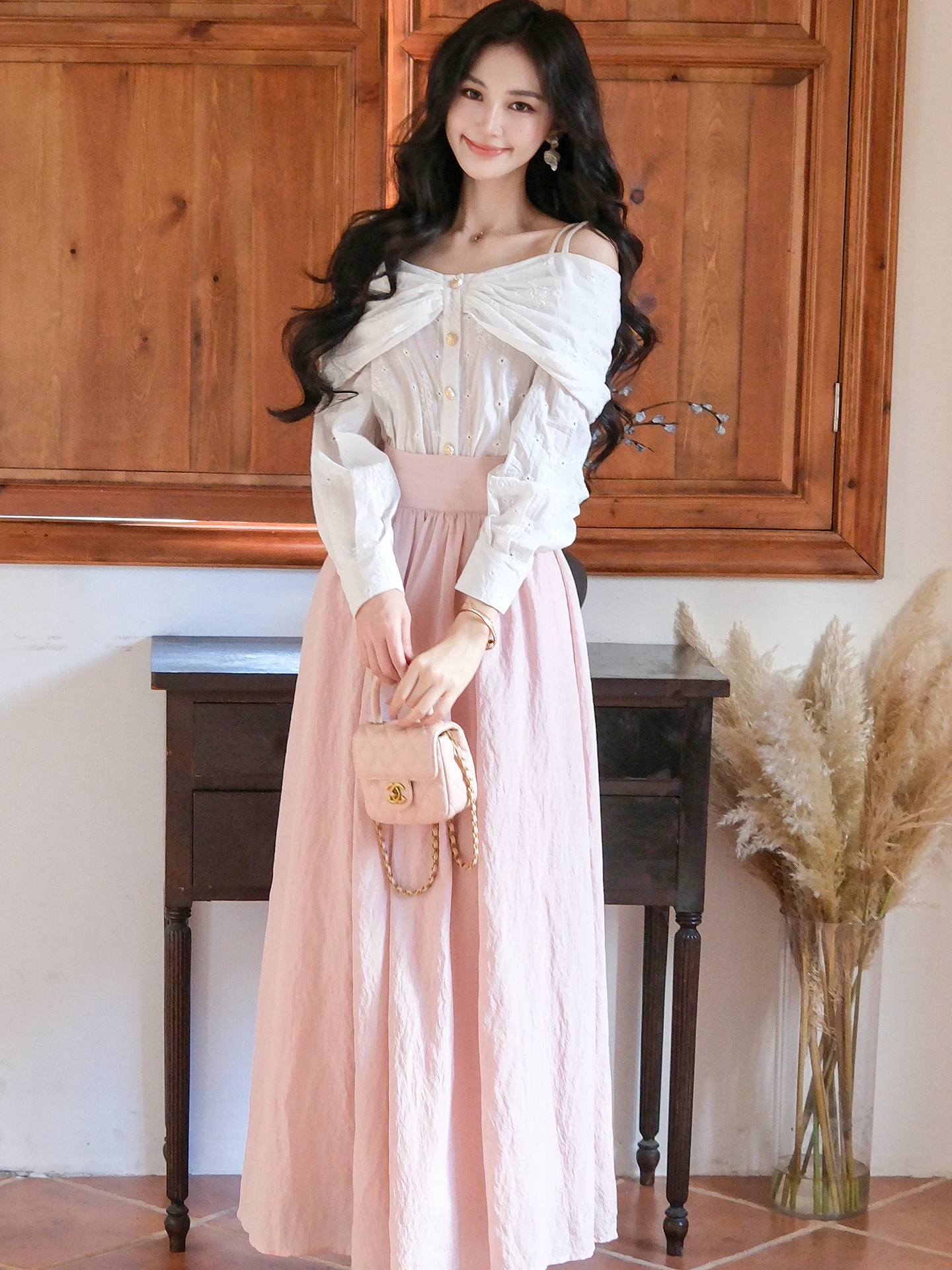 baiweiwei-embroidered-knot-one-shoulder-white-shirt-ballet-tie-design-sensation-autumn-fashion-women's-set-high-waist